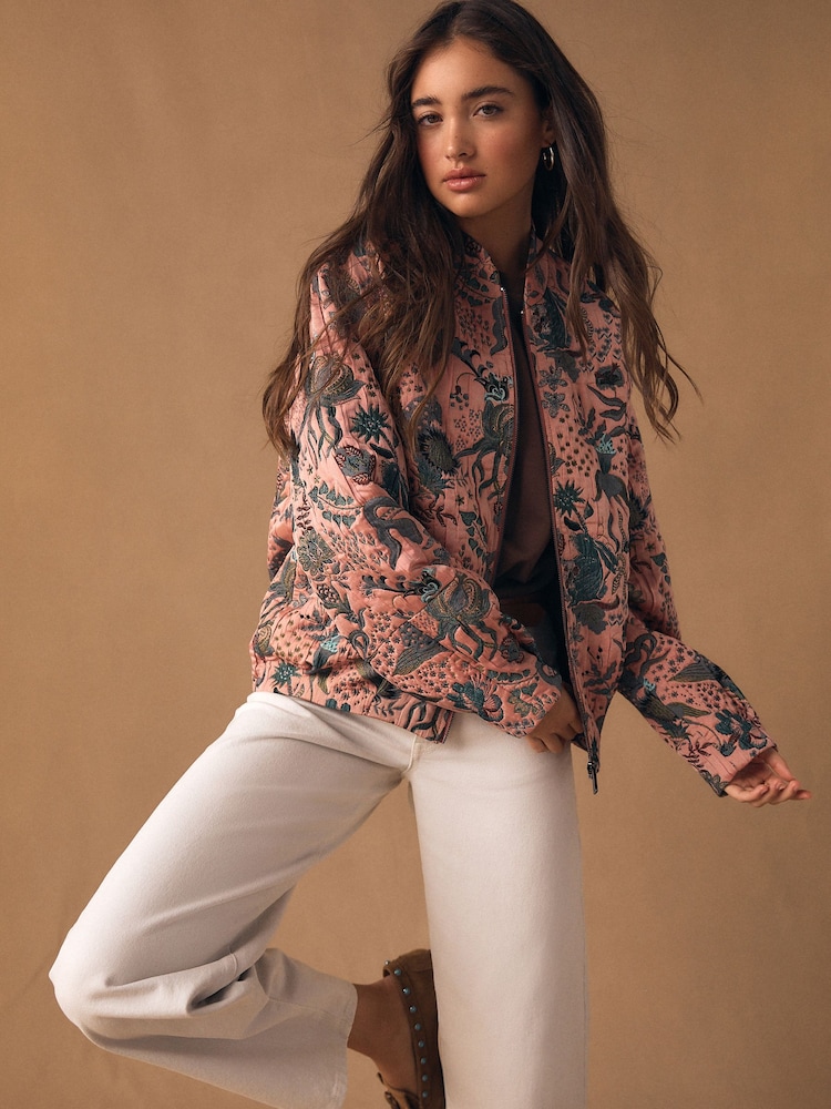 Pink Floral Jacquard Bomber Jacket - Image 1 of 10 Pink Floral Jacquard Bomber Jacket - Image 1 of 10