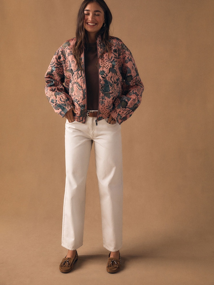 Pink Floral Jacquard Bomber Jacket - Image 2 of 10 Pink Floral Jacquard Bomber Jacket - Image 2 of 10