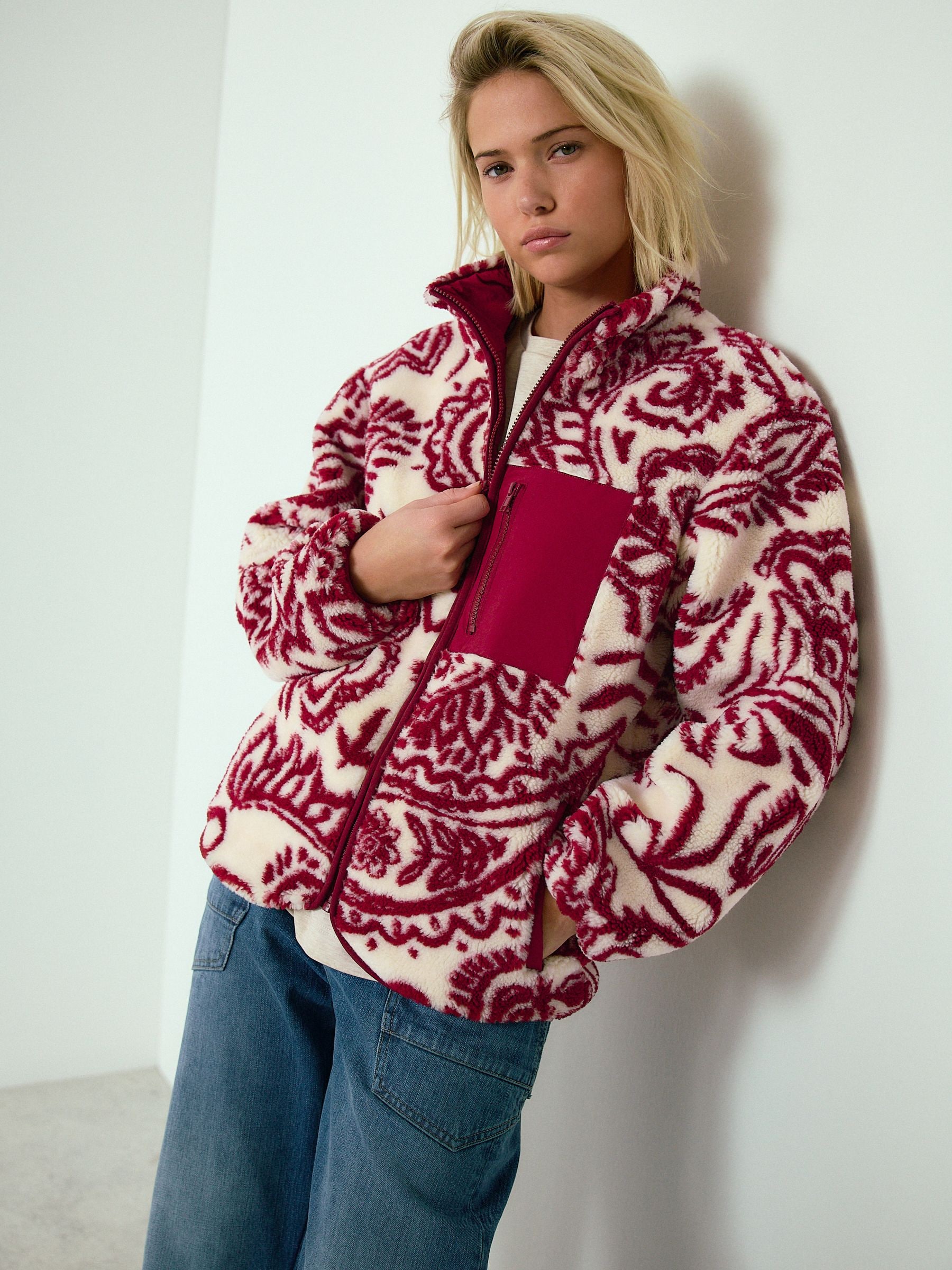 Buy Burgundy Paisley Print Paisley Print Funnel Neck Borg Jacket