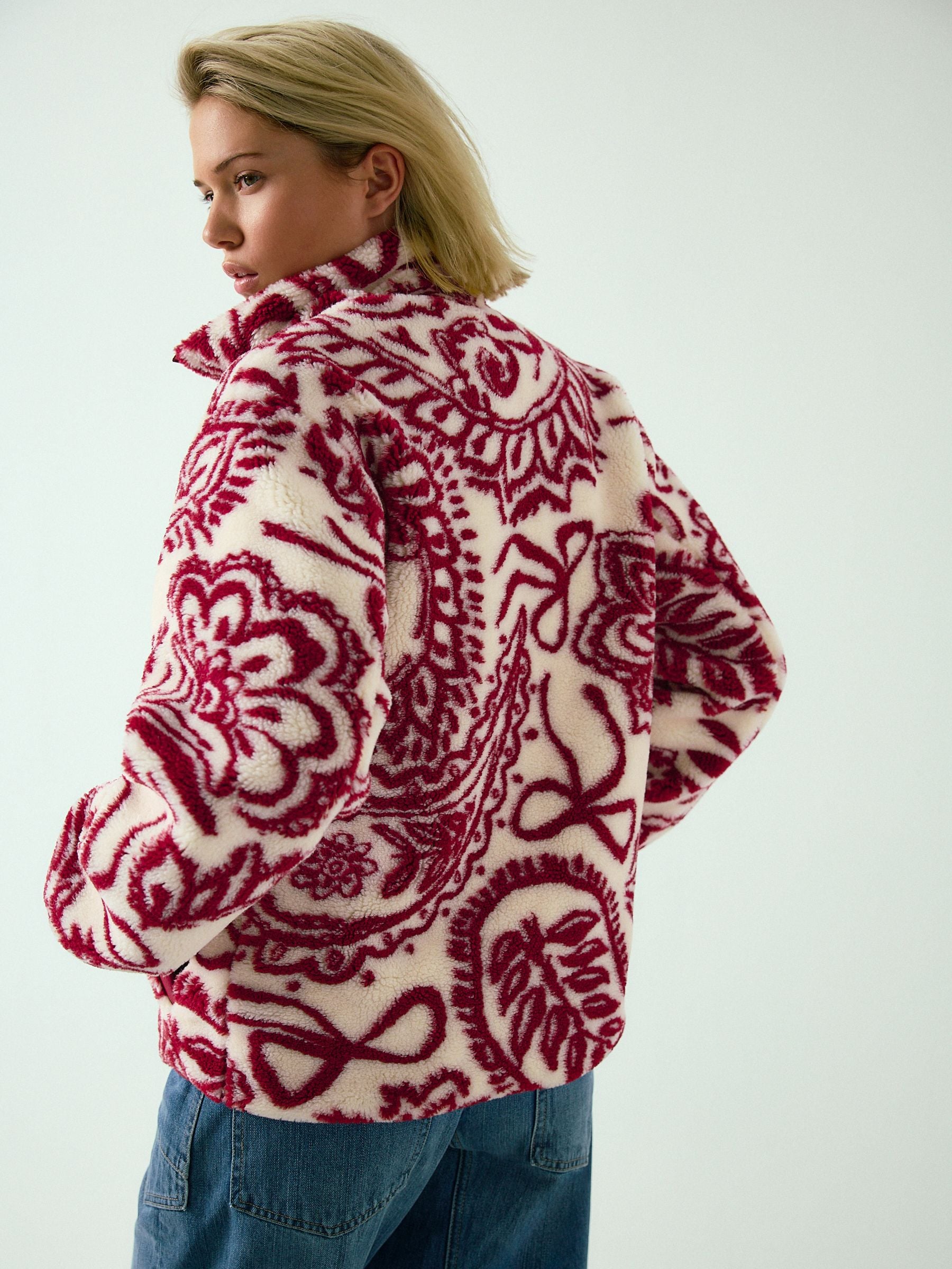 Buy Burgundy Paisley Print Paisley Print Funnel Neck Borg Jacket
