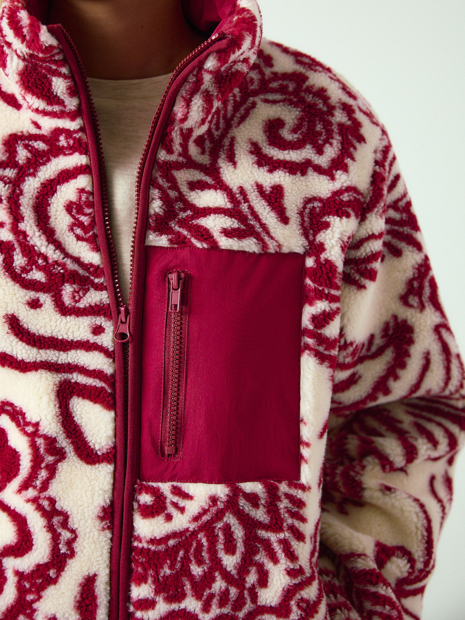 Buy Burgundy Paisley Print Paisley Print Funnel Neck Borg Jacket