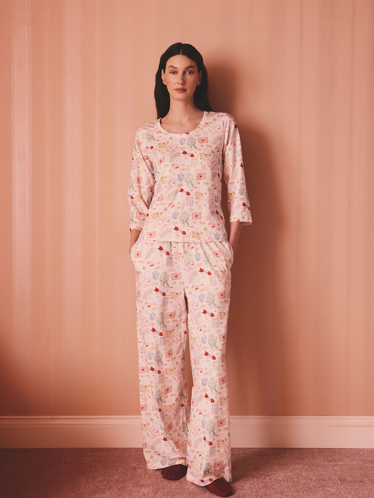 Cath Kidston Cream/Red Love Notes Valentines Heart Print Cotton Jersey Pyjamas - Image 1 of 9