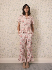 Cath Kidston Cream Hackney Rose Cotton Button Through Frill Woven Pyjamas - Image 1 of 10