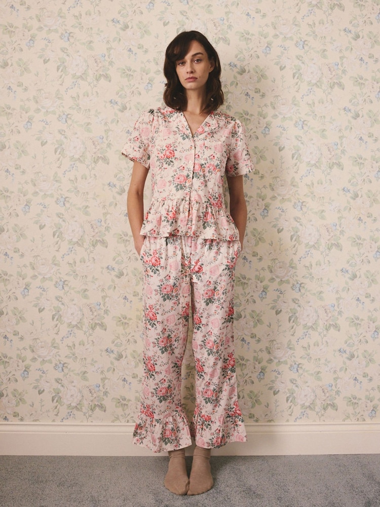 Cath Kidston Cream Hackney Rose Cotton Button Through Frill Woven Pyjamas - Image 1 of 10