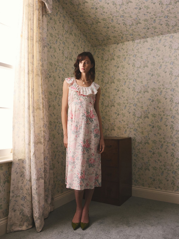 Cath Kidston Cream Hackney Rose Frill Trim Midi Dress - Image 1 of 9 Cath Kidston Cream Hackney Rose Frill Trim Midi Dress - Image 1 of 9