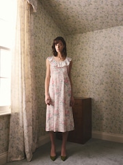 Cath Kidston Cream Hackney Rose Frill Trim Midi Dress - Image 3 of 9