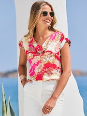 Sosandar Red Scarf Print Cowl Neck Top - Image 3 of 5