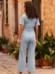 Sosandar Blue D Ring Belt Culotte Denim Jumpsuit - Image 4 of 5