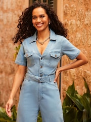 Sosandar Blue D Ring Belt Culotte Denim Jumpsuit - Image 5 of 5