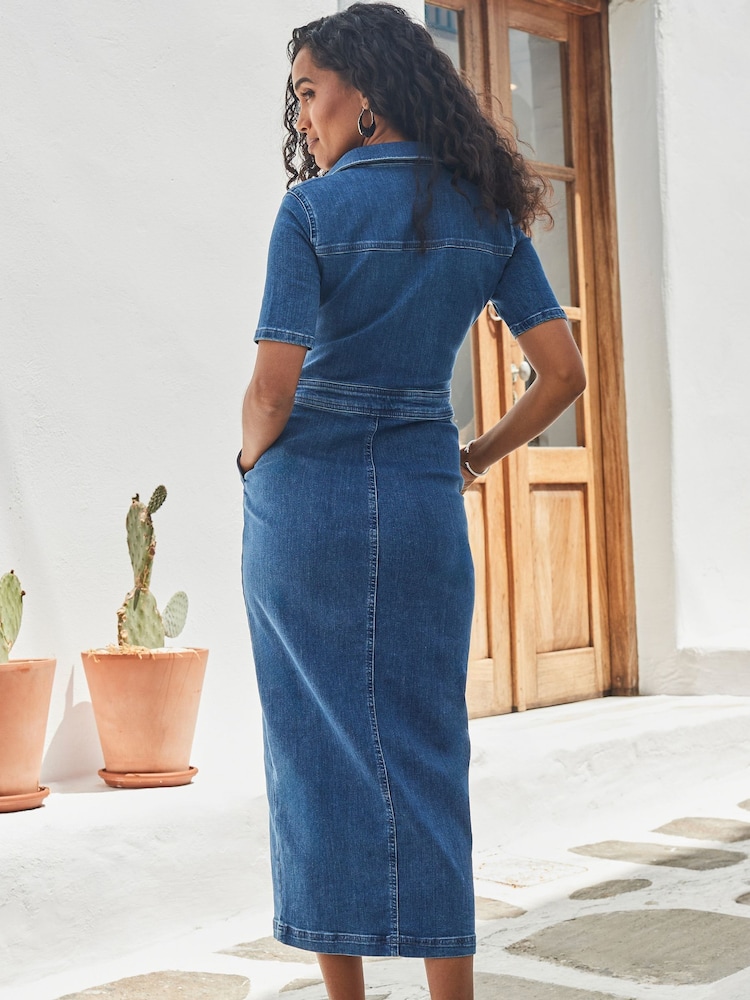 Sosandar Blue Denim Midi Dress With Pockets - Image 2 of 5