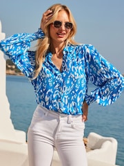 Sosandar Blue Animal Print Shirred Cuff Shirt - Image 2 of 5
