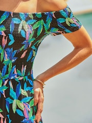 Sosandar Black Tropical Print Bardot Dress - Image 2 of 4