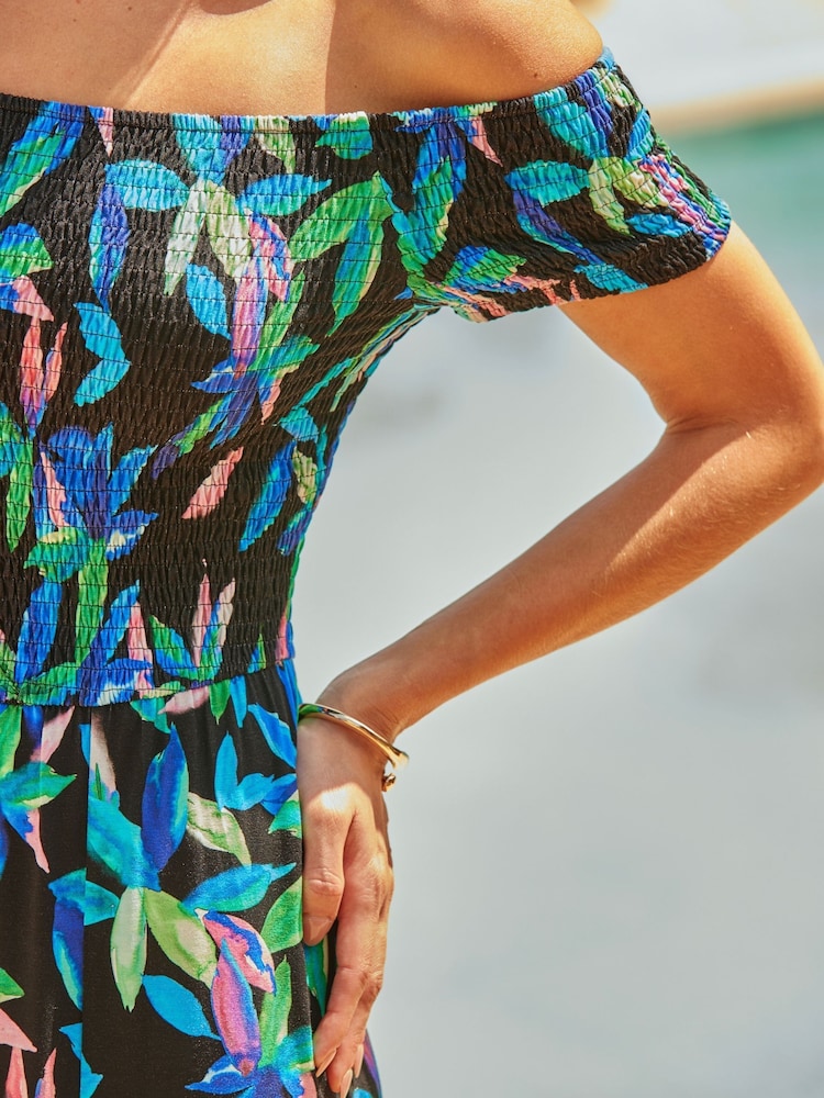 Sosandar Black Tropical Print Bardot Dress - Image 2 of 4