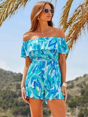 Sosandar Blue Watercolour Print Bardot Playsuit - Image 1 of 5