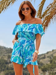 Sosandar Blue Watercolour Print Bardot Playsuit - Image 4 of 5