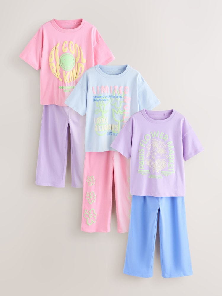 Pink/Lilac Slogan Wide Leg Pyjamas 3 Pack (3-16yrs) - Image 1 of 7