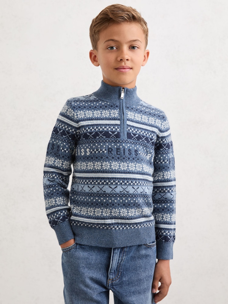 Reiss Airforce Blue Barkley Wool-Blend Fair Isle Jumper With Cashmere - Image 1 of 4 Reiss Airforce Blue Barkley Wool-Blend Fair Isle Jumper With Cashmere - Image 1 of 4