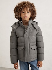 Reiss Charcoal Mercury Quilted Hooded Puffer Jacket - Image 1 of 4