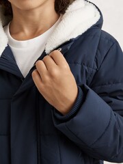 Reiss Navy Nick Fleece-Trim Hooded Puffer Jacket - Image 1 of 4