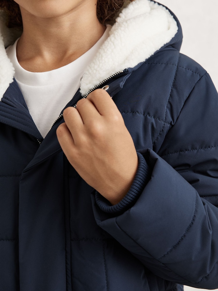 Reiss Navy Nick Fleece-Trim Hooded Puffer Jacket - Image 1 of 4