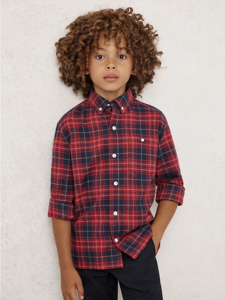 Reiss Red/Navy Blue Bronts Cotton Button-Through Tartan Shirt - Image 1 of 4 Reiss Red/Navy Blue Bronts Cotton Button-Through Tartan Shirt - Image 1 of 4