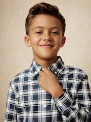 Reiss Navy Blue Bailes Cotton Button-Through Check Shirt - Image 1 of 4