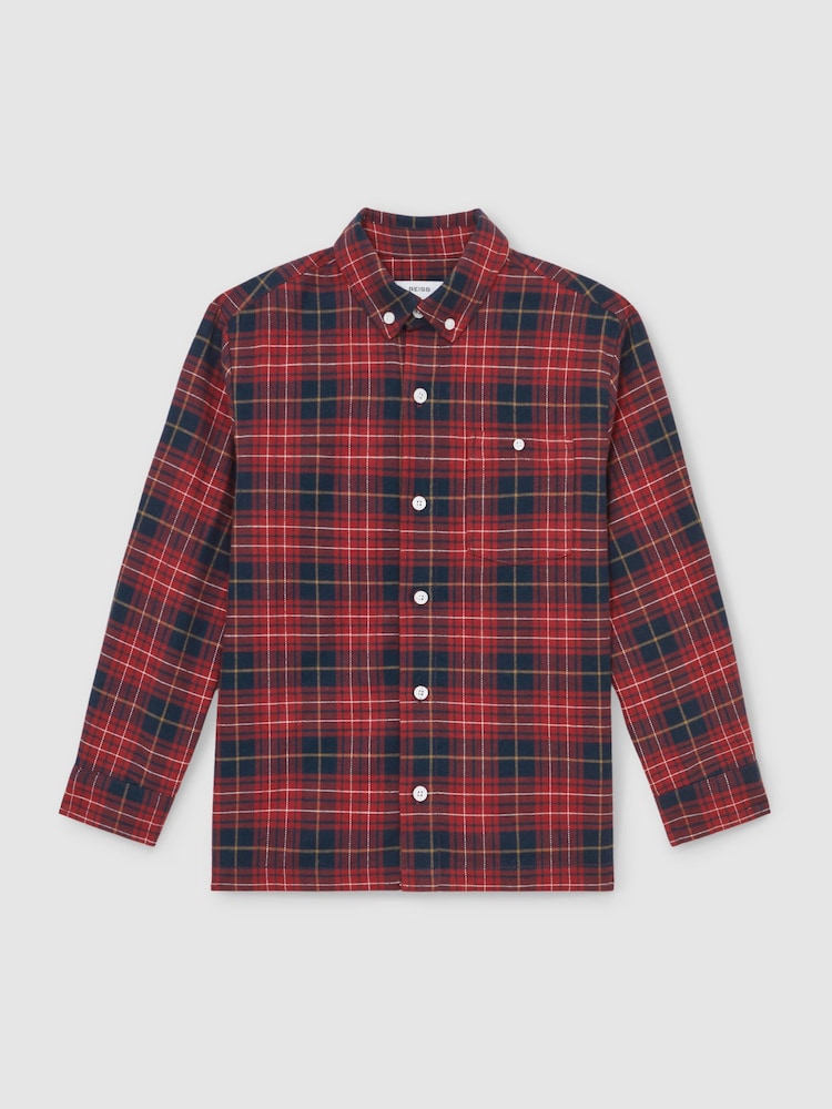 Reiss Red/Navy Blue Bronts Cotton Button-Through Tartan Shirt - Image 1 of 4 Reiss Red/Navy Blue Bronts Cotton Button-Through Tartan Shirt - Image 1 of 4