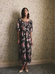 Cath Kidston Black Hackney Rose Printed Cotton Midi Dress - Image 1 of 10