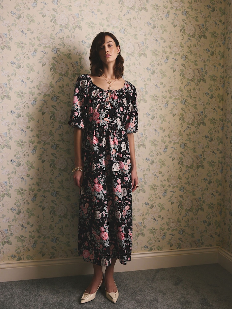 Cath Kidston Black Hackney Rose Printed Cotton Midi Dress - Image 1 of 10