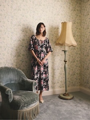 Cath Kidston Black Hackney Rose Printed Cotton Midi Dress - Image 2 of 10