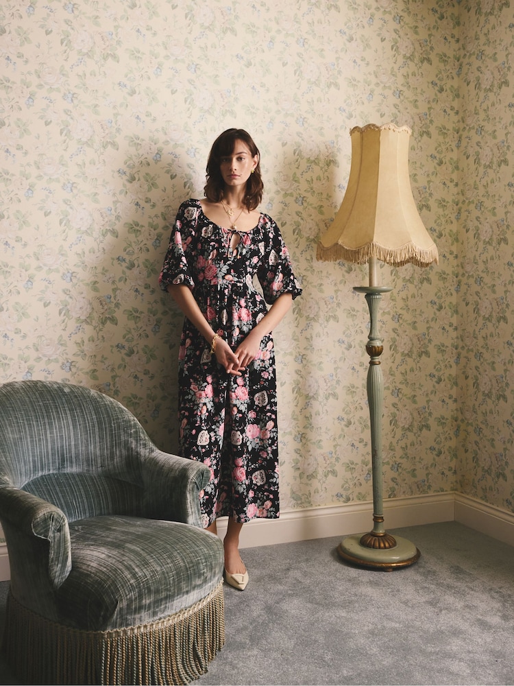 Cath Kidston Black Hackney Rose Printed Cotton Midi Dress - Image 2 of 10