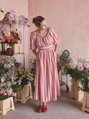 Cath Kidston Red/Pink Viscose Balloon Sleeve Midi Dress with Linen - Image 2 of 7