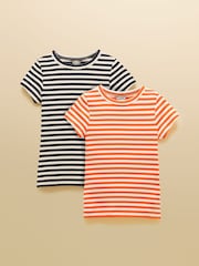 Joules Sophie Navy & Orange Ribbed Short Sleeve T-Shirts 2 Pack - Image 1 of 7