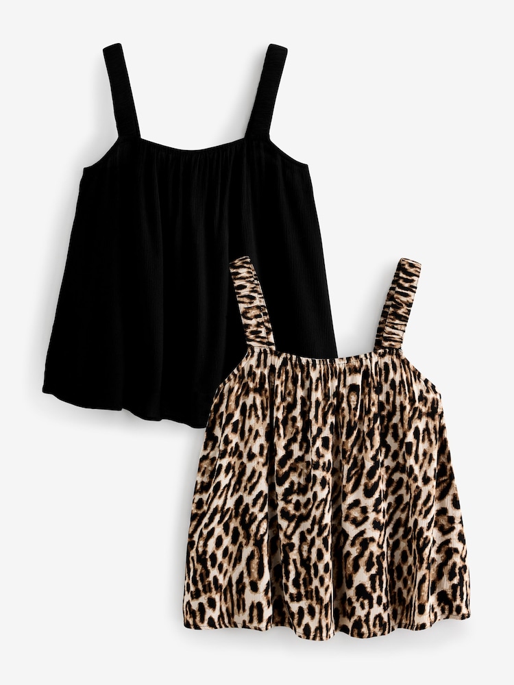 Simply Be Black Leopard Print Crinkle Ruched Strap Cami Tops 2 Pack - Image 1 of 3 Simply Be Black Leopard Print Crinkle Ruched Strap Cami Tops 2 Pack - Image 1 of 3