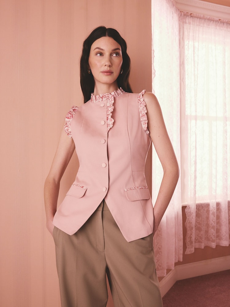 Cath Kidston Pink Sleeveless Contrast Print Ruffle Collar Cotton Waistcoat - Image 1 of 9 Cath Kidston Pink Sleeveless Contrast Print Ruffle Collar Cotton Waistcoat - Image 1 of 9
