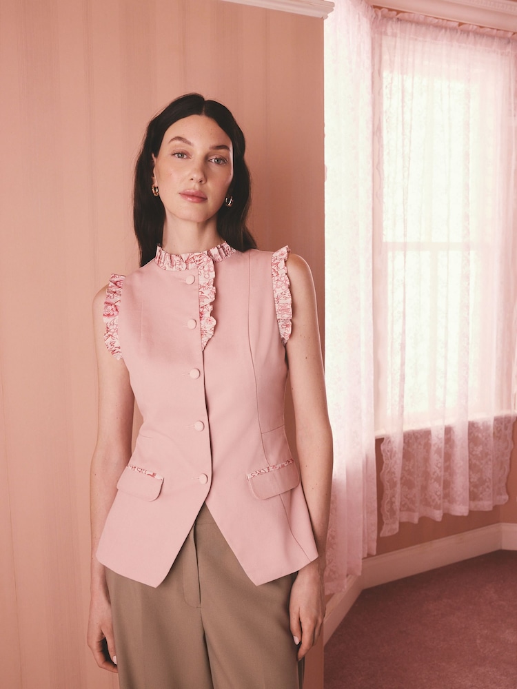 Cath Kidston Pink Sleeveless Contrast Print Ruffle Collar Cotton Waistcoat - Image 2 of 9 Cath Kidston Pink Sleeveless Contrast Print Ruffle Collar Cotton Waistcoat - Image 2 of 9