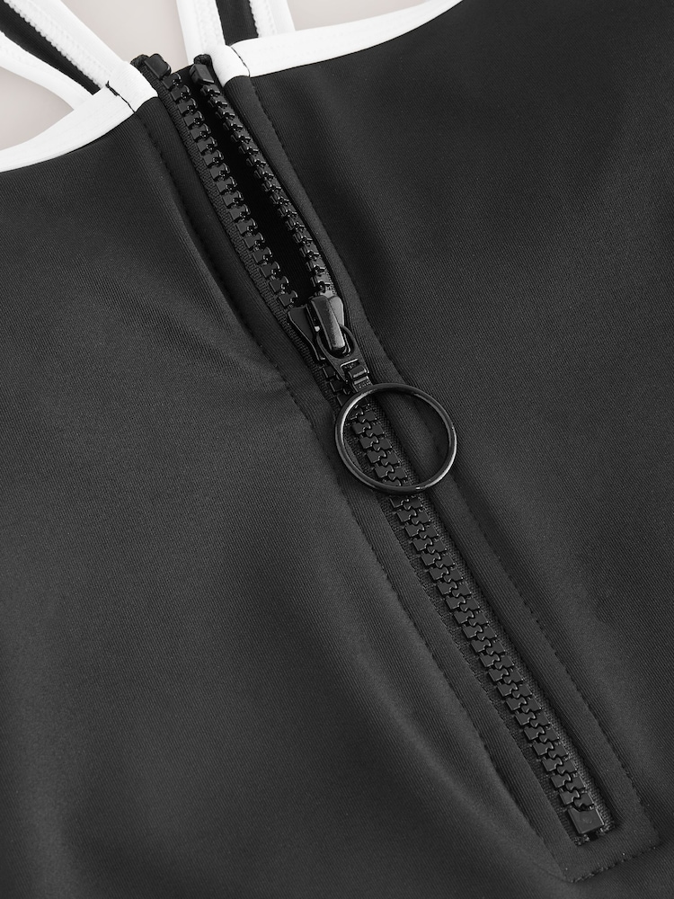 Black/White Contrast Zipped Shaping Tummy Control Swimsuit - Image 9 of 9
