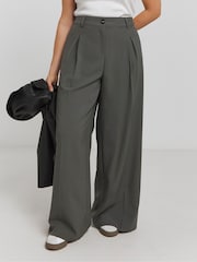 Simply Be Grey Elastic Back Pleated Wide Leg Trousers - Image 1 of 4