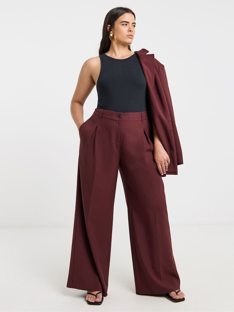 Simply Be Burgundy Elastic Back Pleated Wide Leg Trousers - Image 1 of 4 Simply Be Burgundy Elastic Back Pleated Wide Leg Trousers - Image 1 of 4