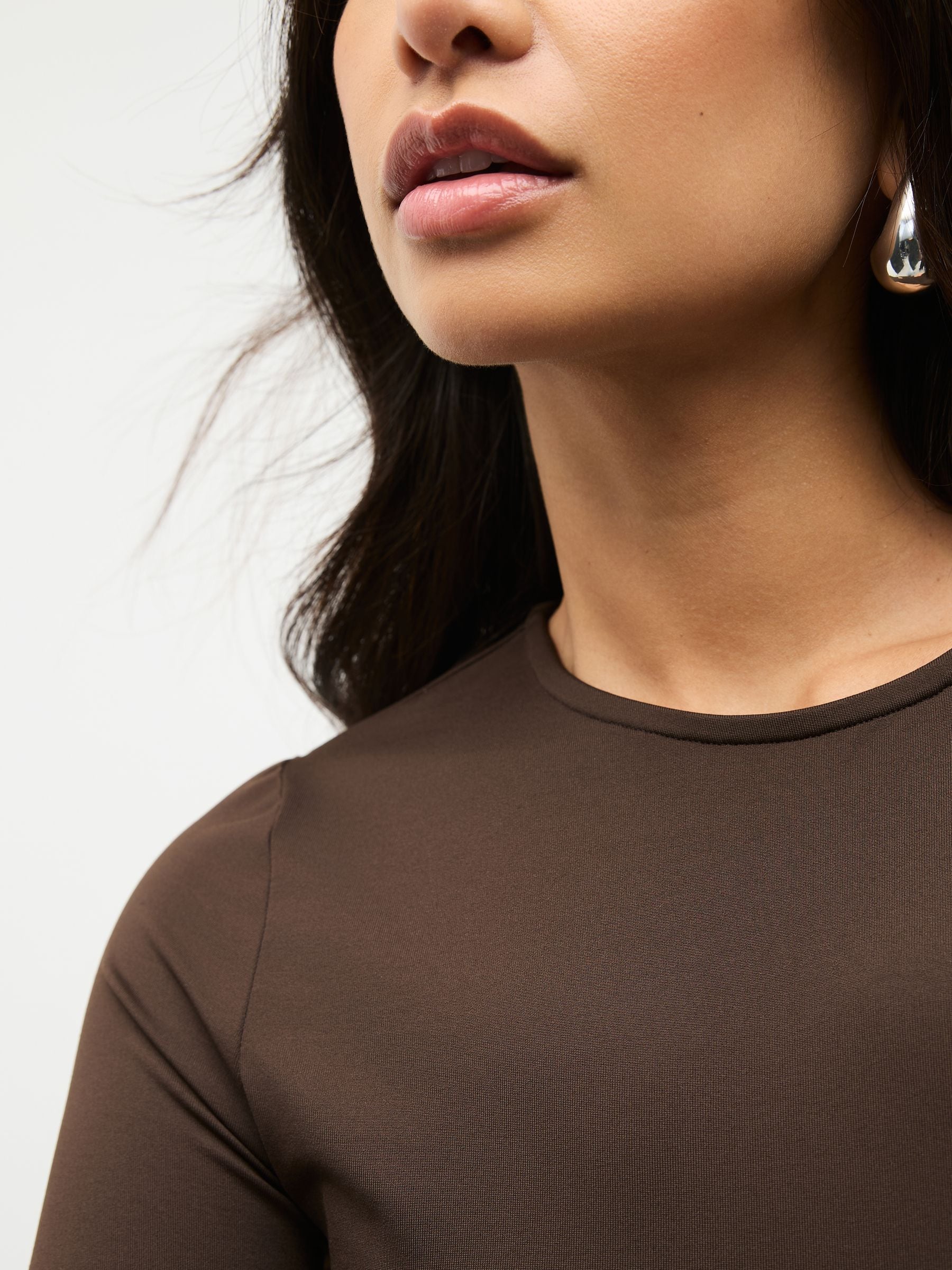 Buy Chocolate Brown Soft Touch Slinky Nylon Crew Neck Long Sleeve