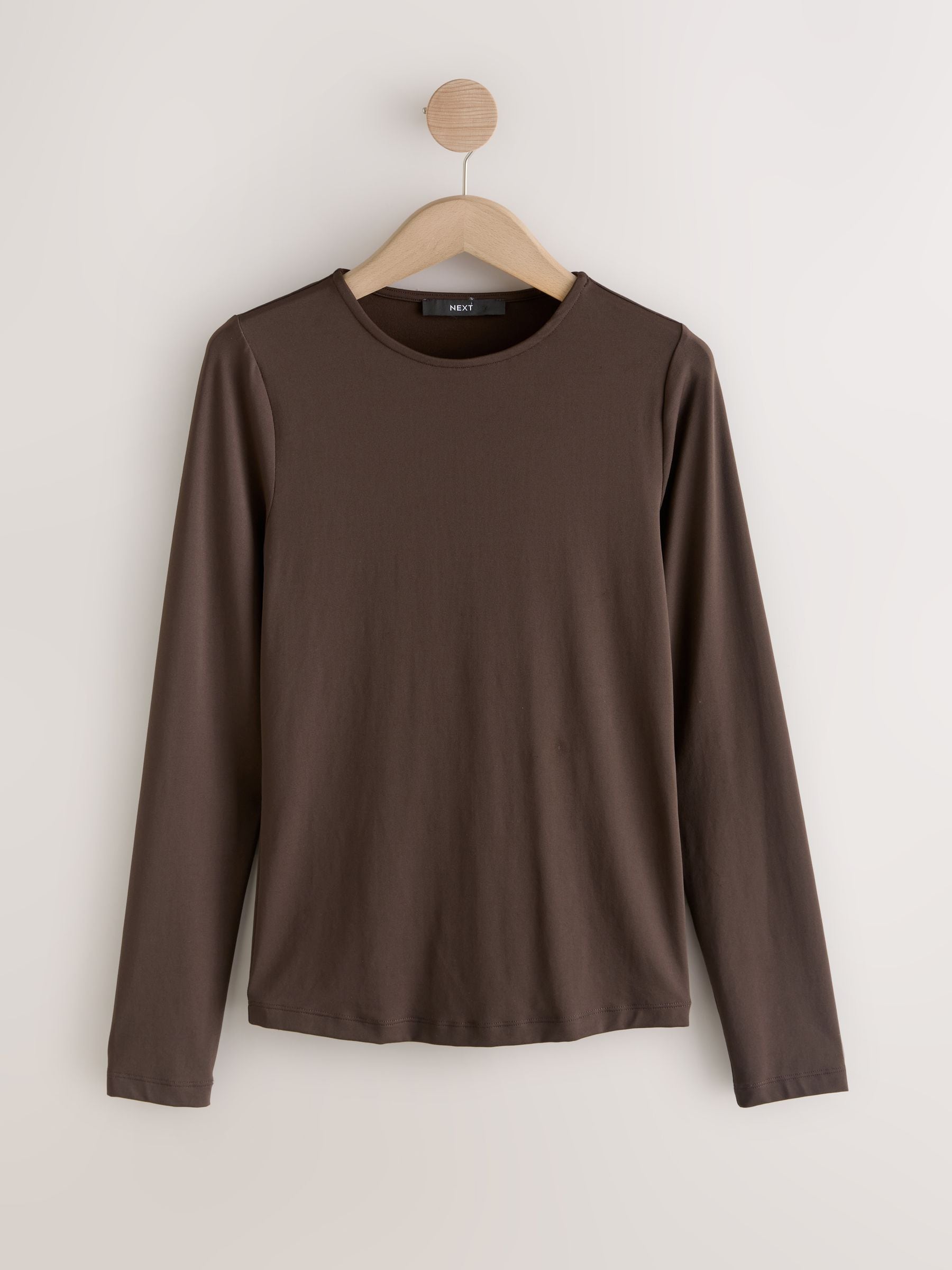 Buy Chocolate Brown Soft Touch Slinky Nylon Crew Neck Long Sleeve
