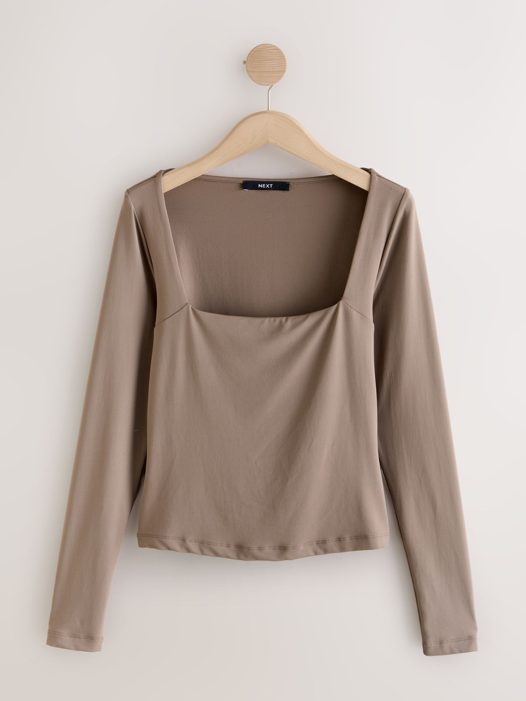 Buy Mink Brown Soft Touch Slinky Nylon Square Neck Long Sleeve T