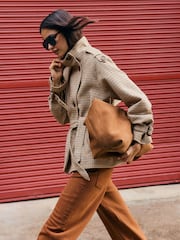 Friends Like These Brown Check Funnel Neck Belted Jacket - Image 1 of 5