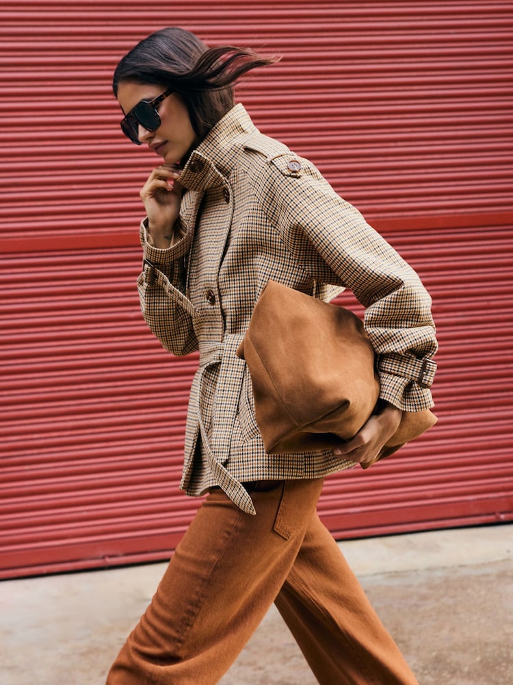 Friends Like These Brown Check Funnel Neck Belted Jacket - Image 1 of 5