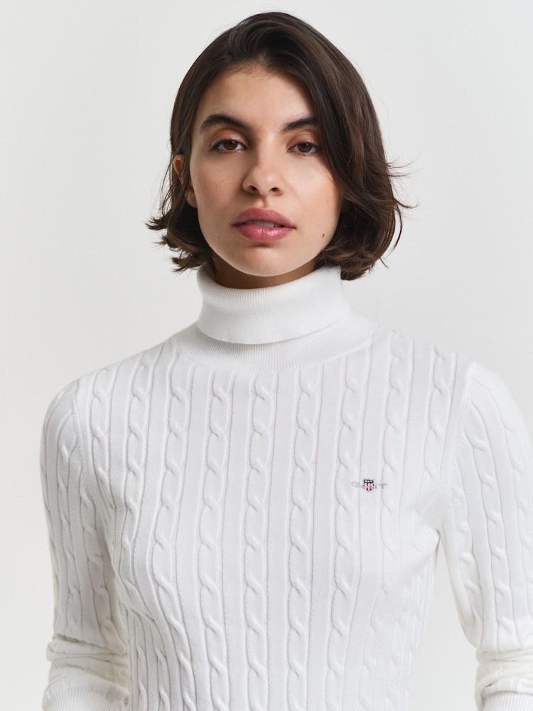 GANT Cream Stretch Cotton Cable Knit Turtleneck Jumper - Image 4 of 4