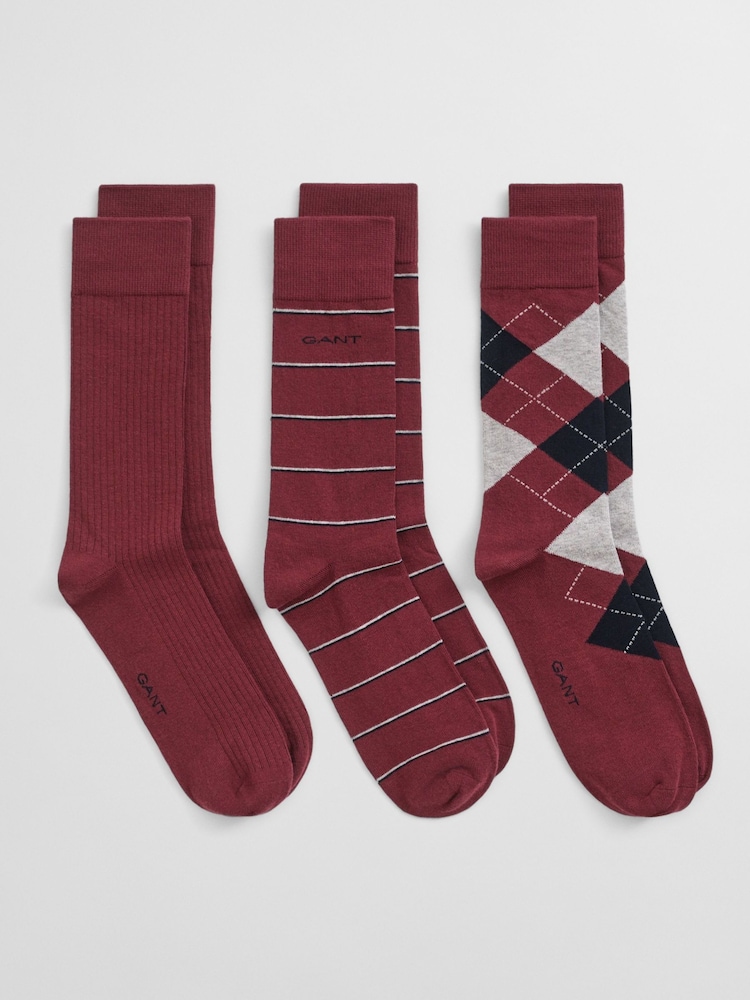 GANT Red Argyle Stripe 3-Pack Crew Ankle Socks - Image 1 of 1