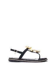 Moda in Pelle Jewelle Flower Print Trim Toe Post Flat Comfort Black Sandals - Image 1 of 4
