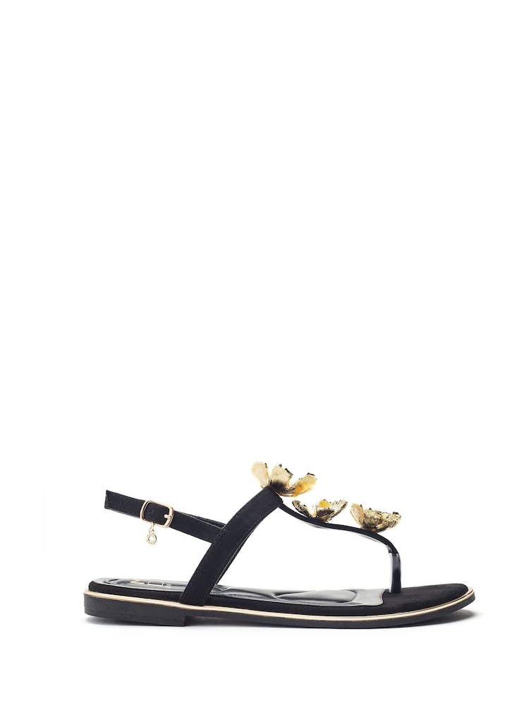 Moda in Pelle Jewelle Flower Print Trim Toe Post Flat Comfort Black Sandals - Image 1 of 4