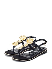 Moda in Pelle Jewelle Flower Print Trim Toe Post Flat Comfort Black Sandals - Image 2 of 4