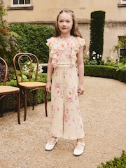 Yellow Floral Short Sleeve Pleated Ruffle Jumpsuit (3-16yrs) - Image 1 of 8